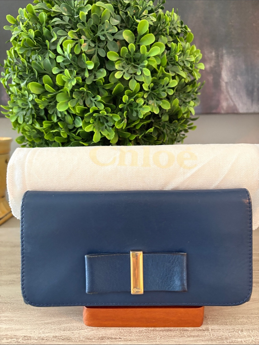 Chloe Navy Leather Wallet with Bow and Gold Bar